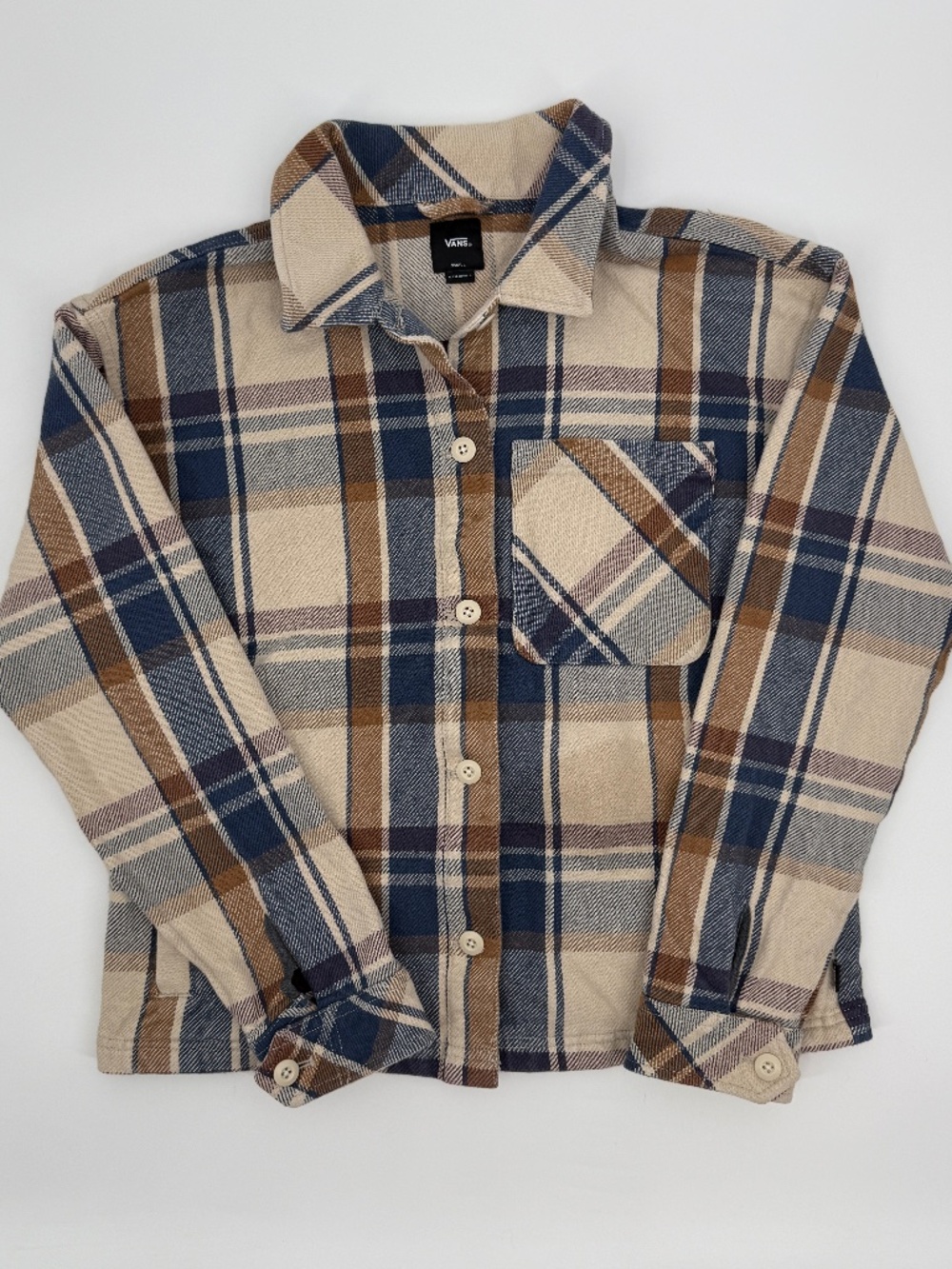 Vans Heavyweight Plaid Flannel Shirt Jacket Shacket Beige Blue Brown Women S